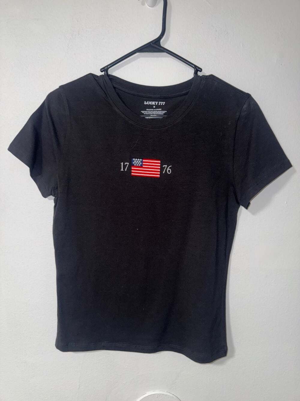 Lucky 777 Black 1776 American Flag Embroidered Crop T-Shirt Size M
